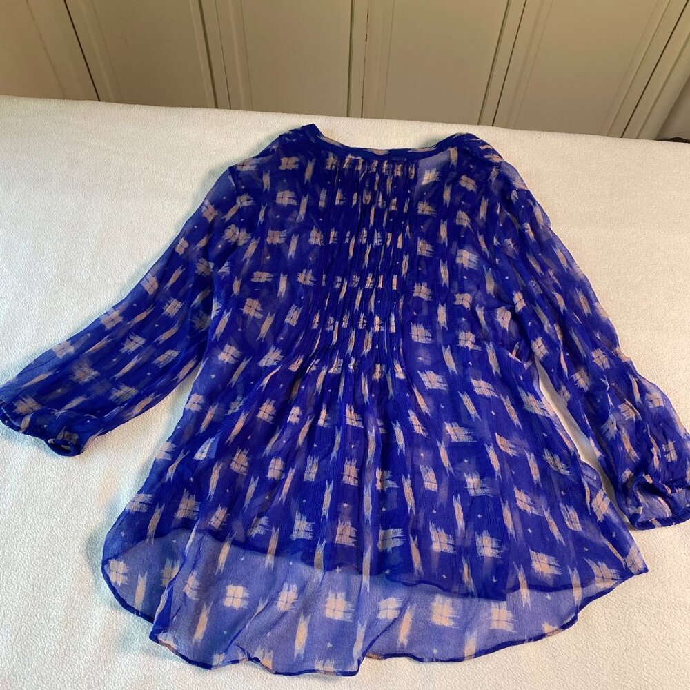 Paradigma Sheer Blue Blouse Small Silk Look Ikat Print Tunic Top w/ Cami